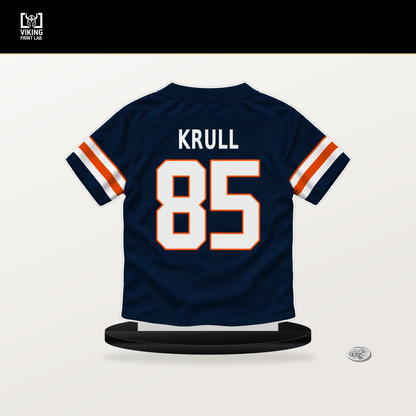 Lucas Krull number 85 Denver Broncos jersey stand with included black base.