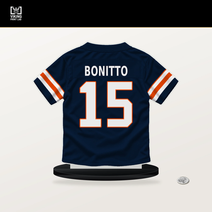 Nik Bonitto number 15 Denver Broncos jersey stand with included black base.
