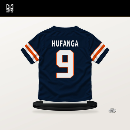 Talanoa Hufanga number 9 Denver Broncos jersey stand with included black base.