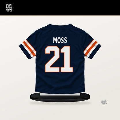 Riley Moss number 21 Denver Broncos jersey stand with included black base.