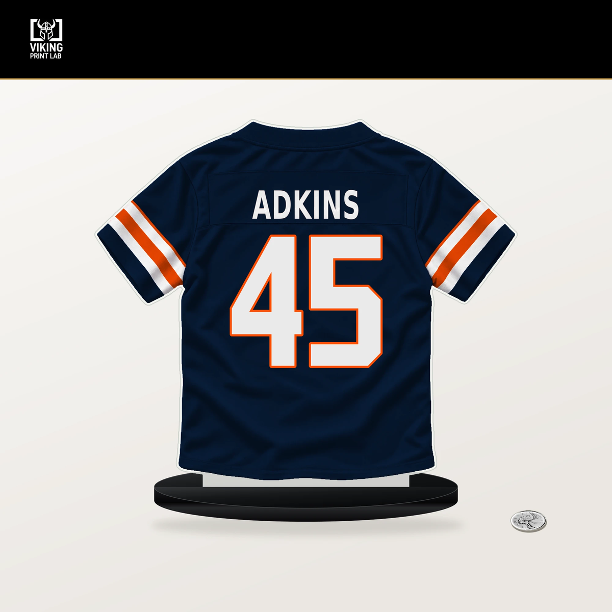 Nate Adkins number 45 Denver Broncos jersey stand with included black base.