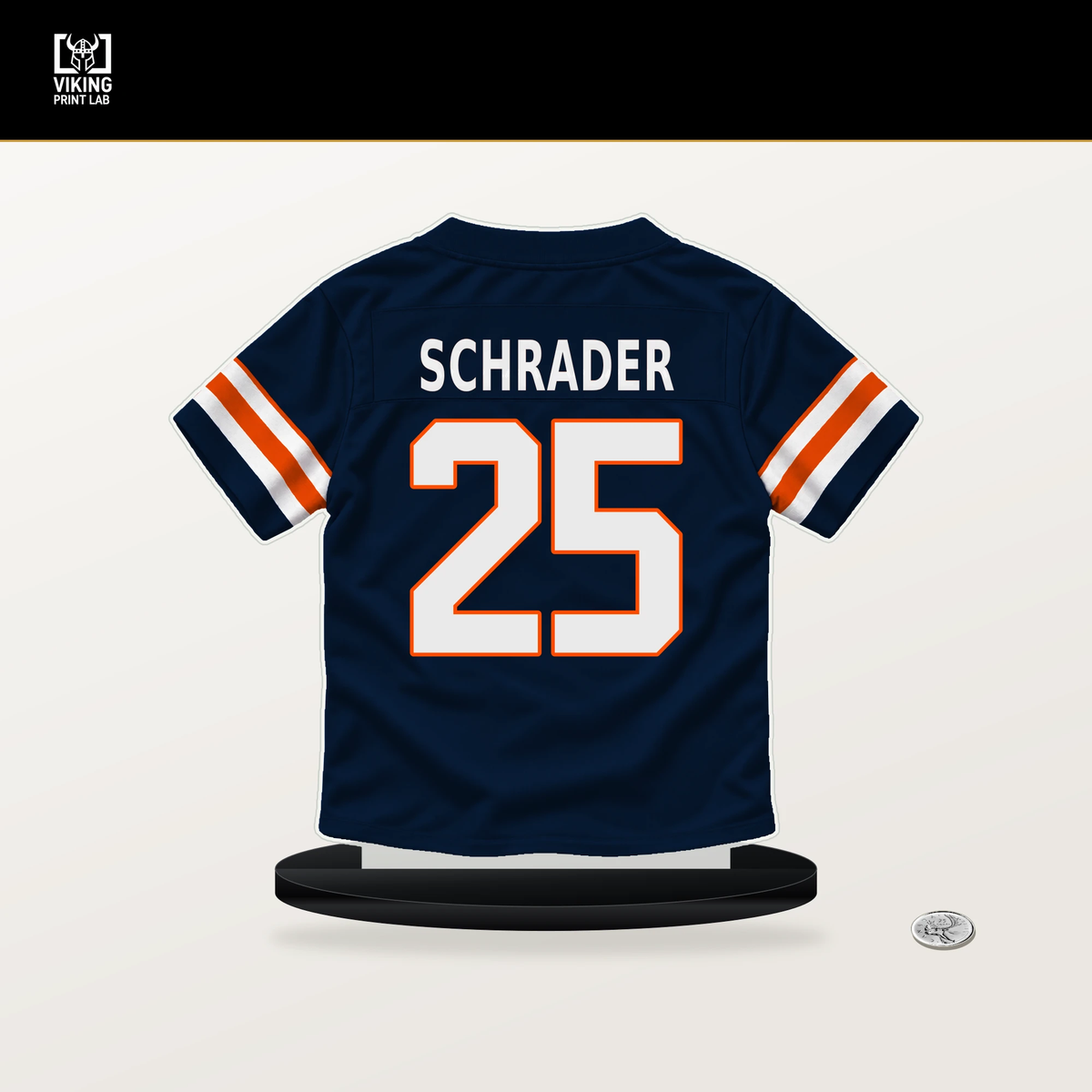 Cody Schrader number 25 Denver Broncos jersey stand with included black base.