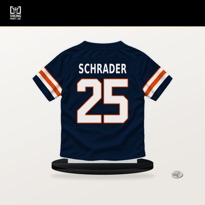Cody Schrader number 25 Denver Broncos jersey stand with included black base.