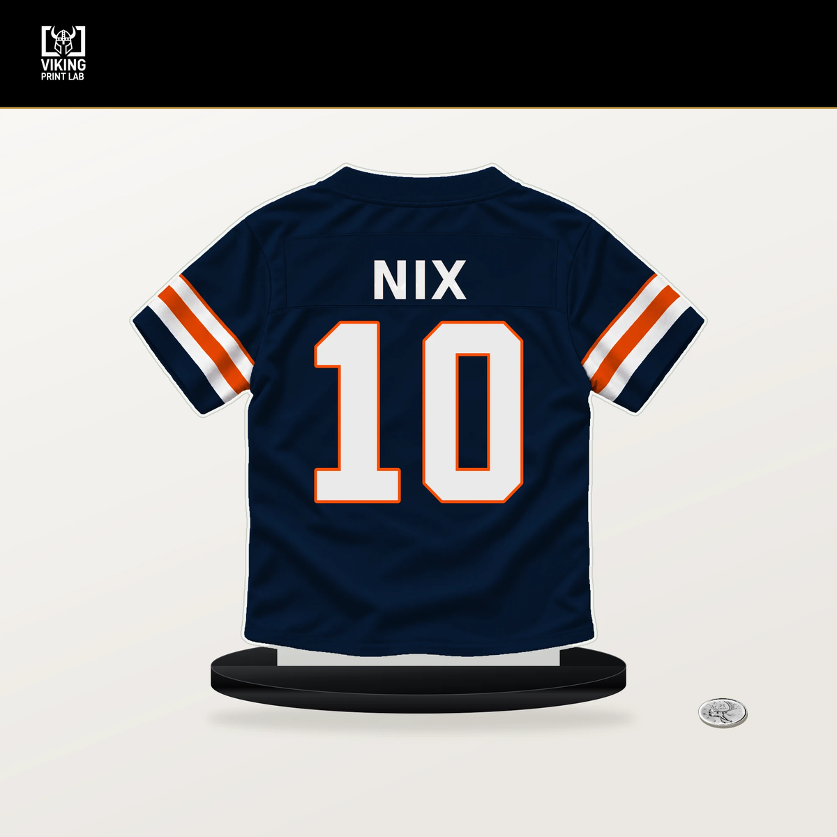 Bo Nix number 10 Denver Broncos jersey stand with included black base.
