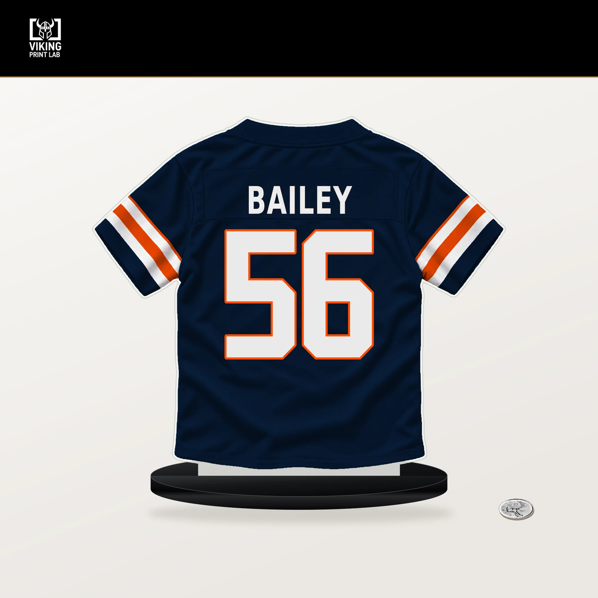 Levelle Bailey number 56 Denver Broncos jersey stand with included black base.