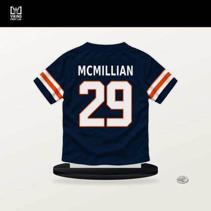 Ja'Quan McMillian number 29 Denver Broncos jersey stand with included black base.