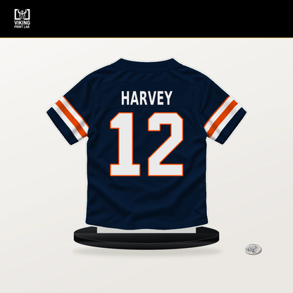 RJ Harvey number 12 Denver Broncos jersey stand with included black base.