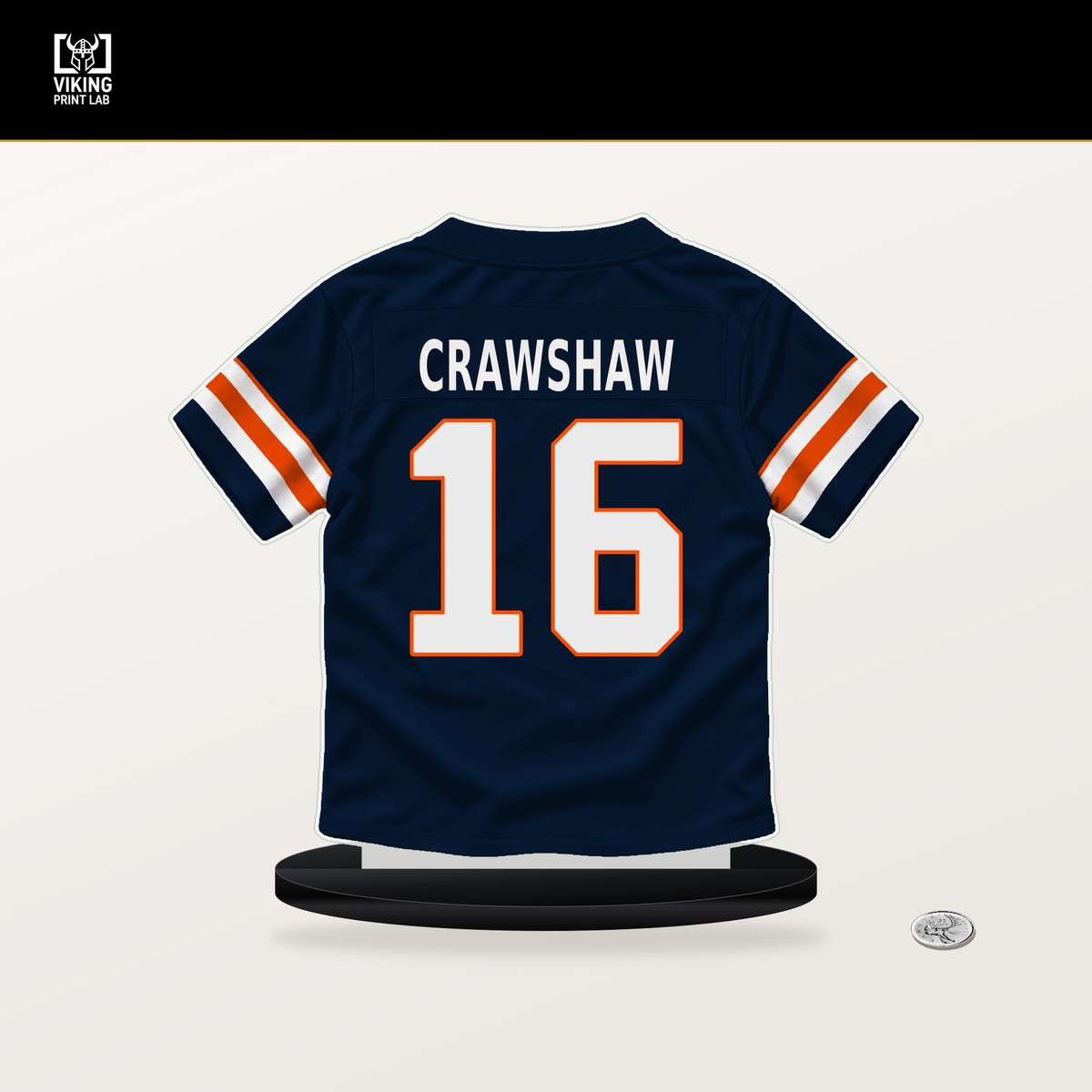 Jeremy Crawshaw number 16 Denver Broncos jersey stand with included black base.