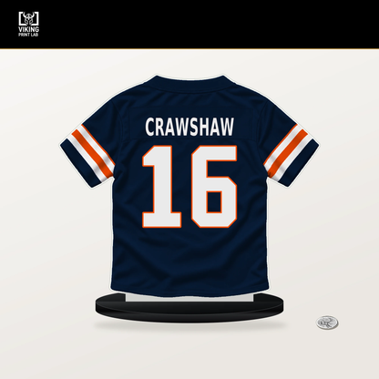 Jeremy Crawshaw number 16 Denver Broncos jersey stand with included black base.