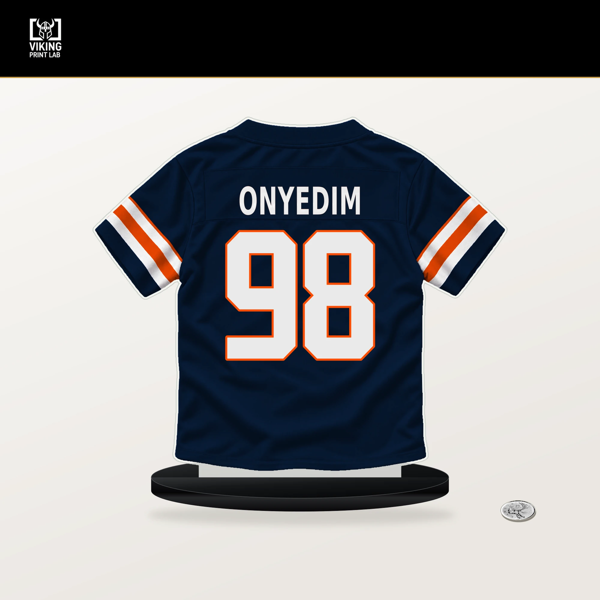 Tyler Onyedim number 98 Denver Broncos jersey stand with included black base.