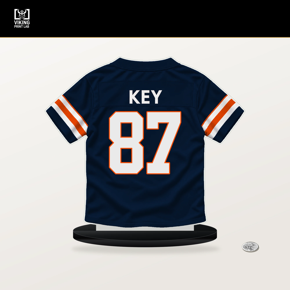 Dane Key number 87 Denver Broncos jersey stand with included black base.