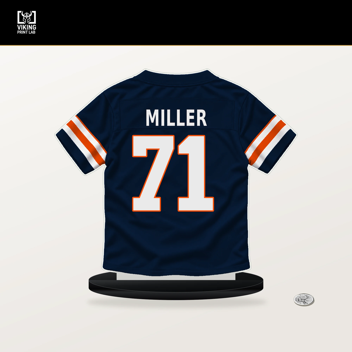 Tyler Miller number 71 Denver Broncos jersey stand with included black base.