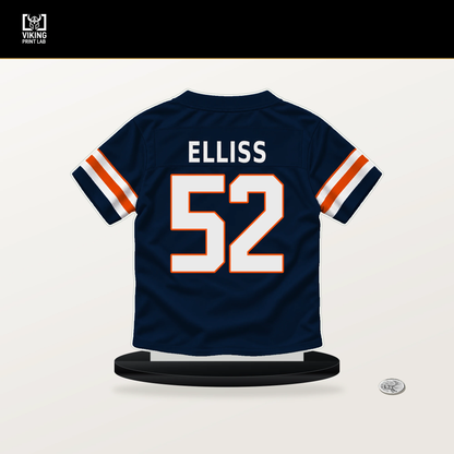 Jonah Elliss number 52 Denver Broncos jersey stand with included black base.