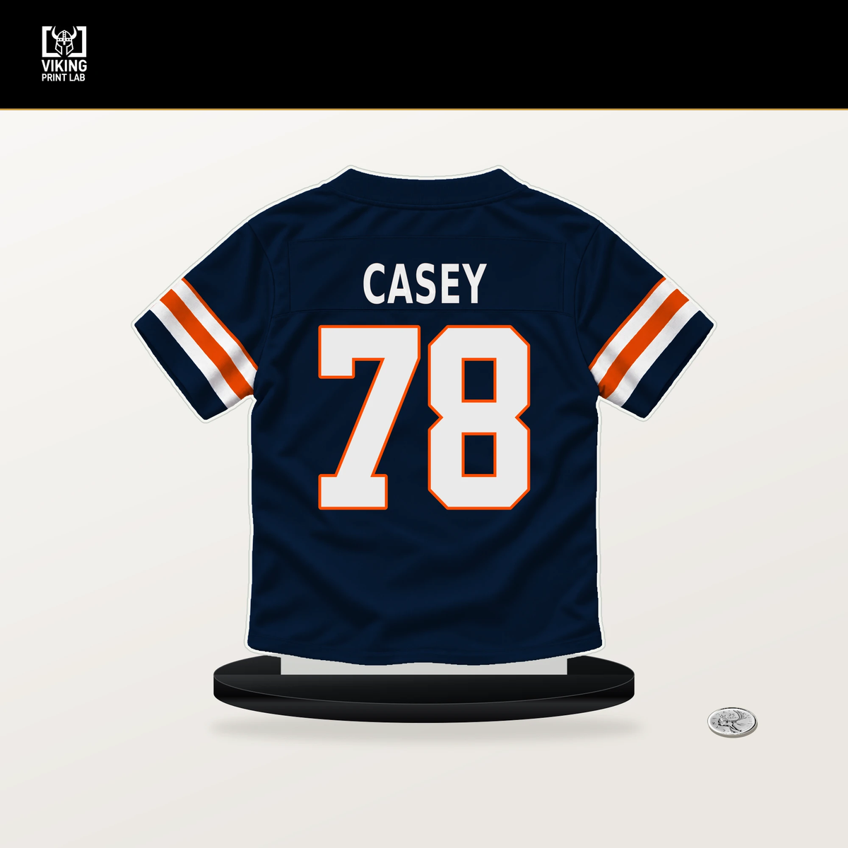 Kage Casey number 78 Denver Broncos jersey stand with included black base.