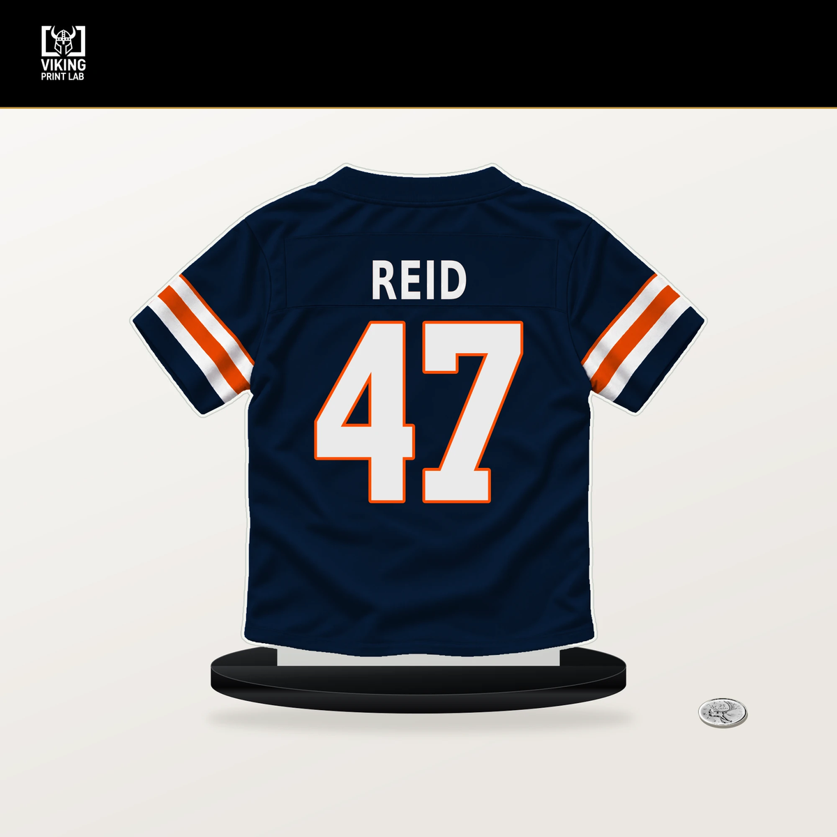 Karene Reid number 47 Denver Broncos jersey stand with included black base.
