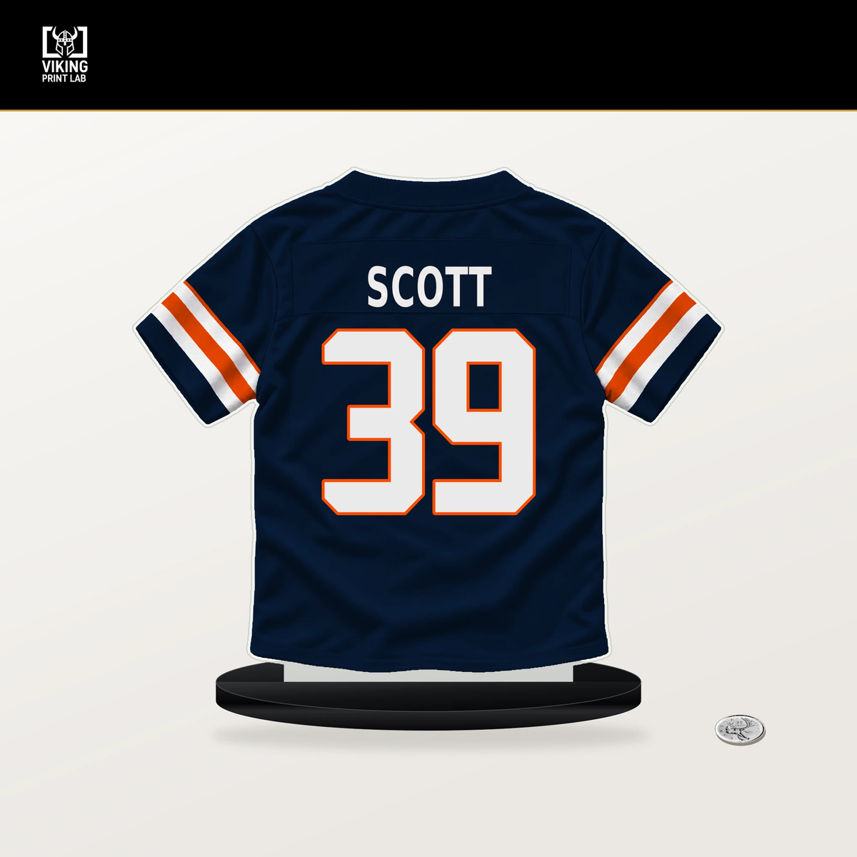 Miles Scott number 39 Denver Broncos jersey stand with included black base.