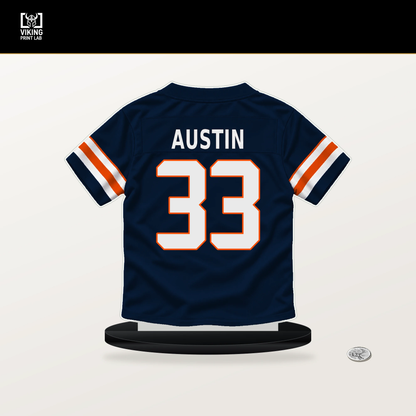 Brent Austin number 33 Denver Broncos jersey stand with included black base.