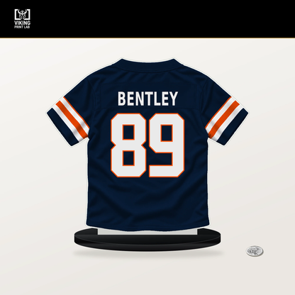 Dallen Bentley number 89 Denver Broncos jersey stand with included black base.