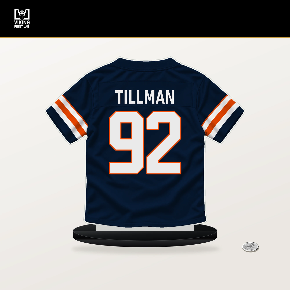 Dondrea Tillman number 92 Denver Broncos jersey stand with included black base.