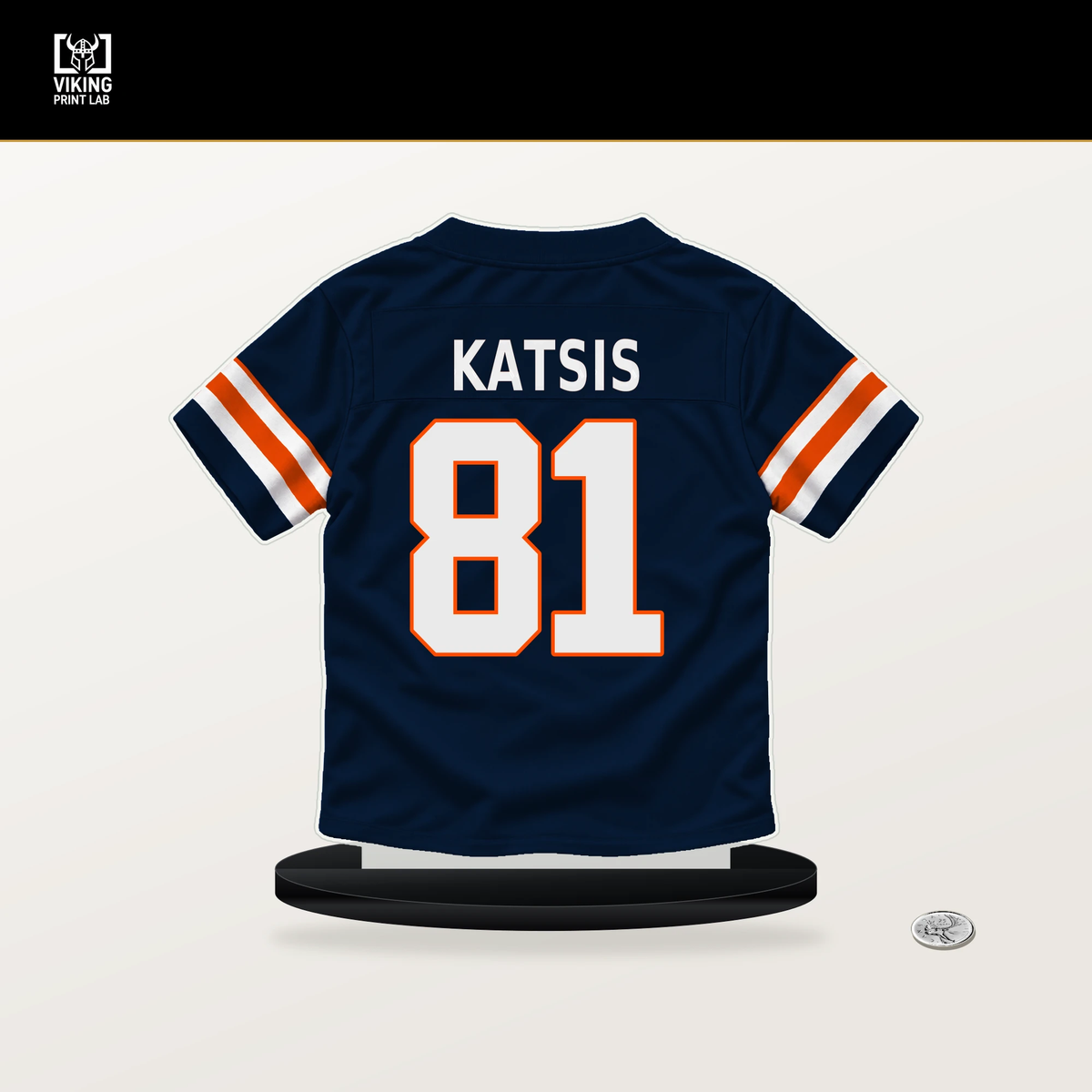 Kolbe Katsis number 81 Denver Broncos jersey stand with included black base.
