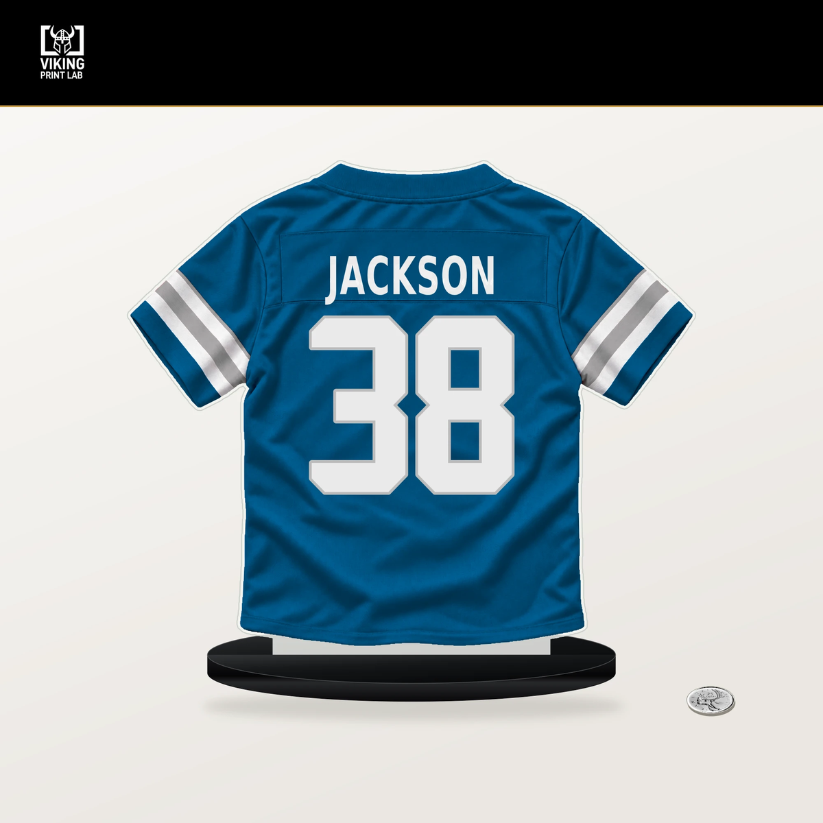 Justin Jackson number 38 Detroit Lions jersey stand with included black base.