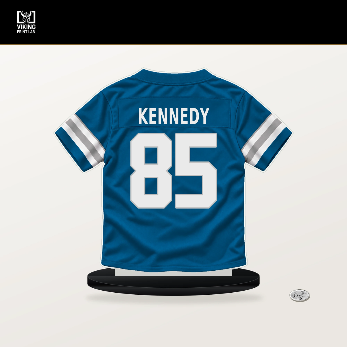 Tom Kennedy number 85 Detroit Lions jersey stand with included black base.