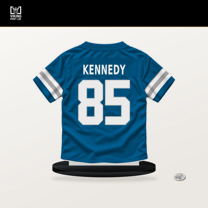 Tom Kennedy number 85 Detroit Lions jersey stand with included black base.