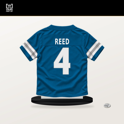 D.J. Reed number 4 Detroit Lions jersey stand with included black base.