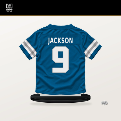 Lucky Jackson number 9 Detroit Lions jersey stand with included black base.