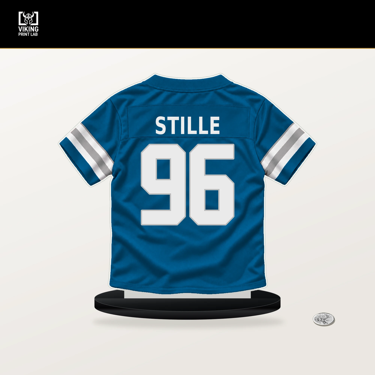 Ben Stille number 96 Detroit Lions jersey stand with included black base.