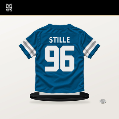 Ben Stille number 96 Detroit Lions jersey stand with included black base.