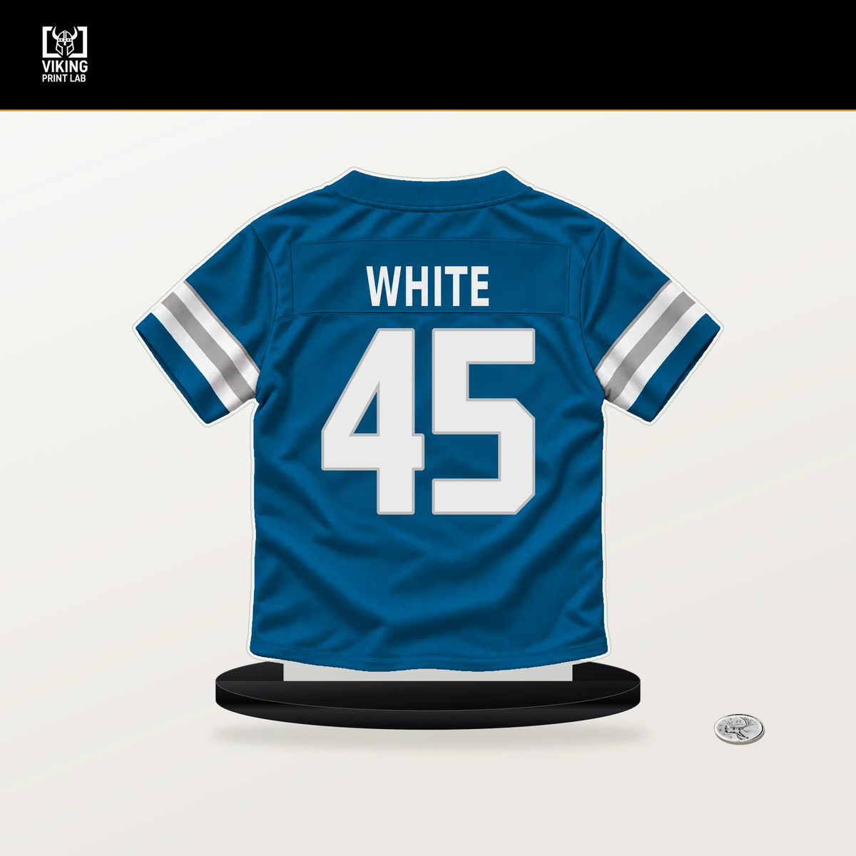 Devin White number 45 Detroit Lions jersey stand with included black base.