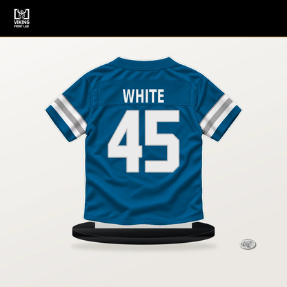 Devin White number 45 Detroit Lions jersey stand with included black base.