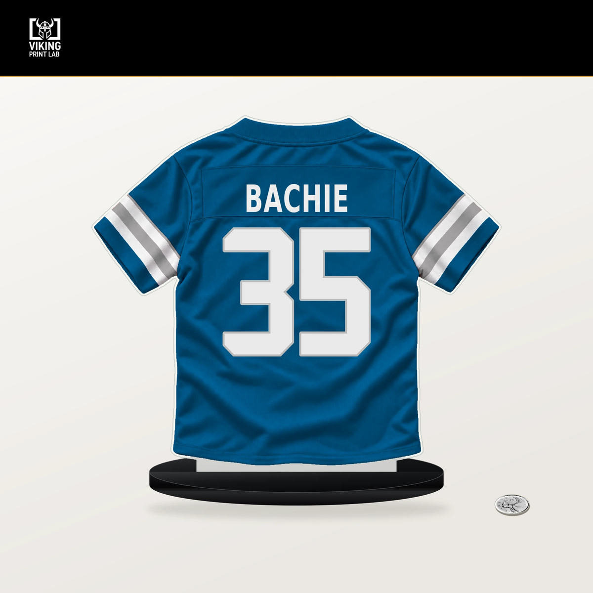 Joe Bachie number 35 Detroit Lions jersey stand with included black base.