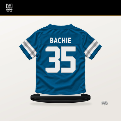 Joe Bachie number 35 Detroit Lions jersey stand with included black base.