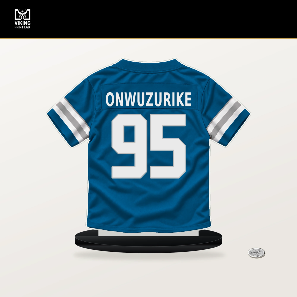 Levi Onwuzurike number 95 Detroit Lions jersey stand with included black base.