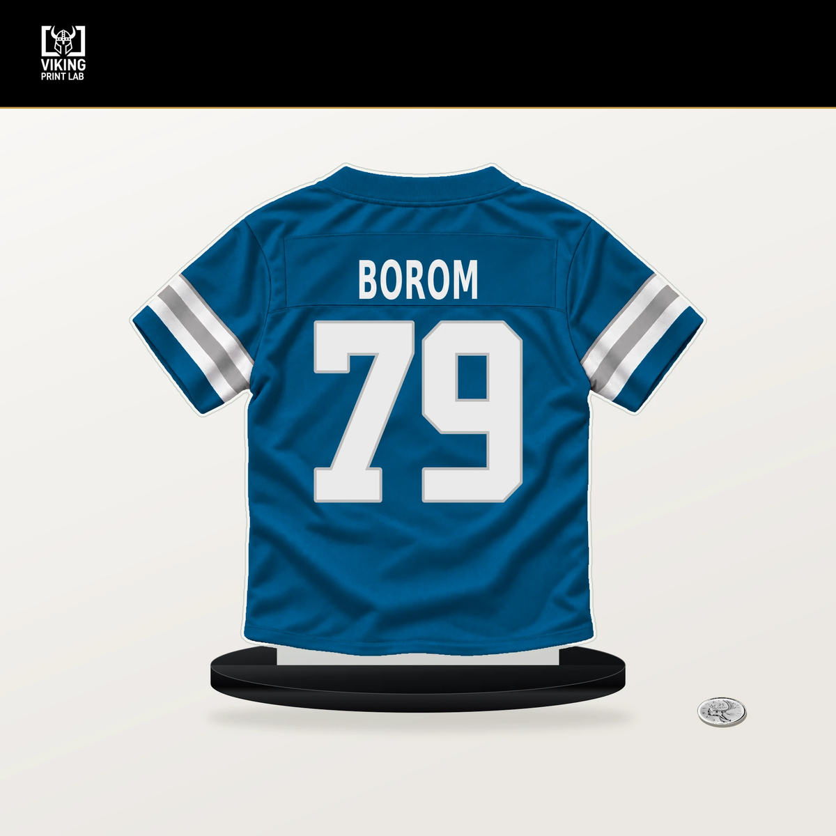 Larry Borom number 79 Detroit Lions jersey stand with included black base.