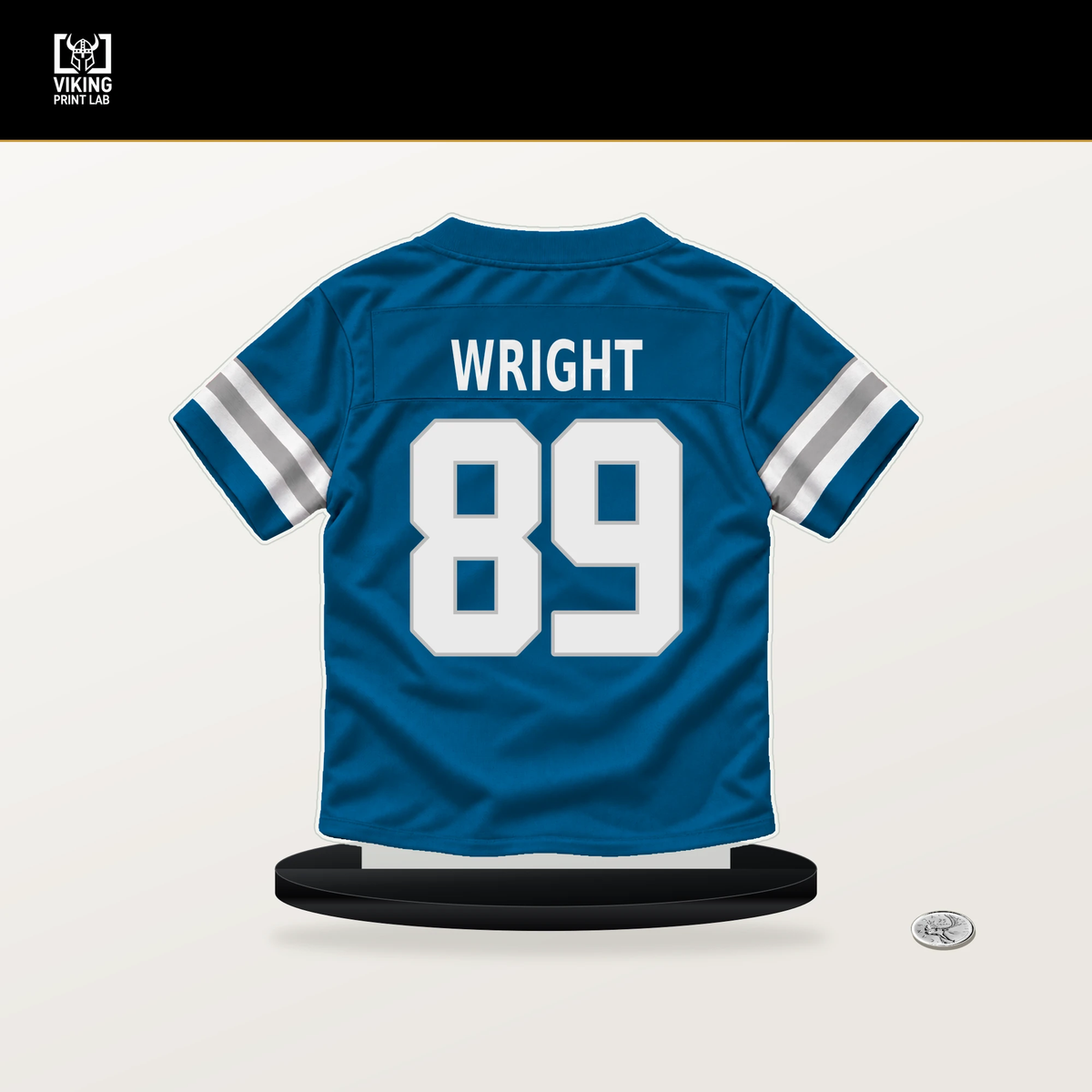 Brock Wright number 89 Detroit Lions jersey stand with included black base.