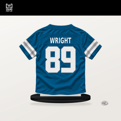 Brock Wright number 89 Detroit Lions jersey stand with included black base.