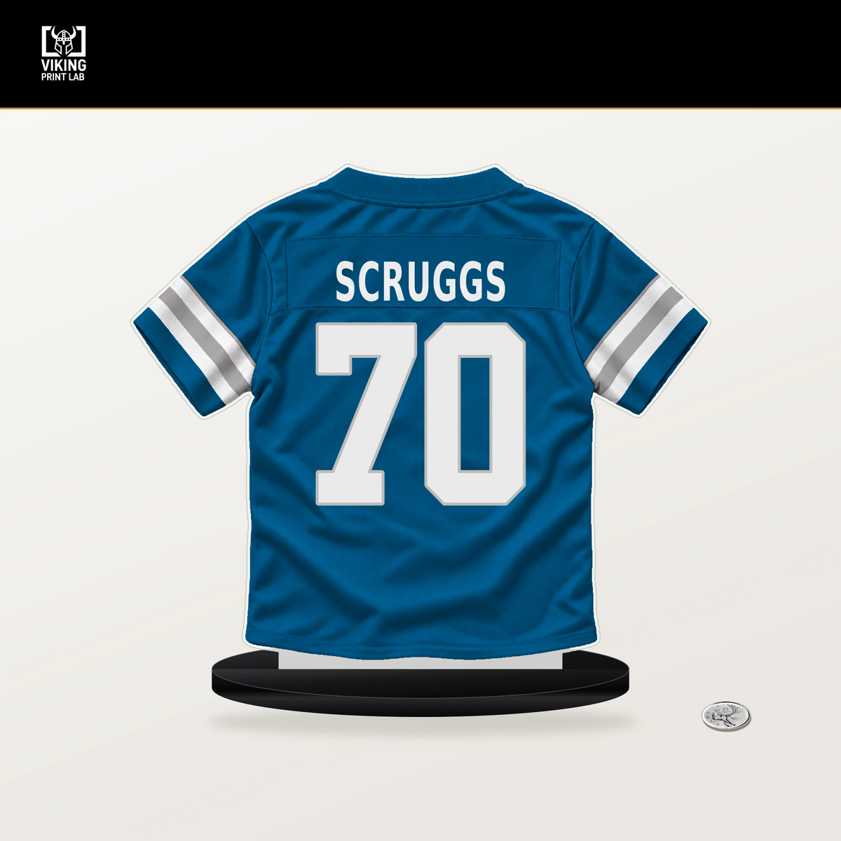 Juice Scruggs number 70 Detroit Lions jersey stand with included black base.