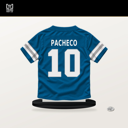 Isiah Pacheco number 10 Detroit Lions jersey stand with included black base.