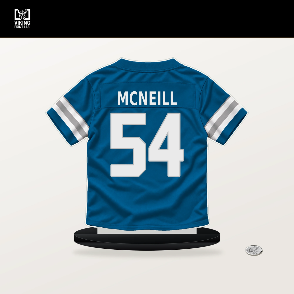 Alim McNeill number 54 Detroit Lions jersey stand with included black base.