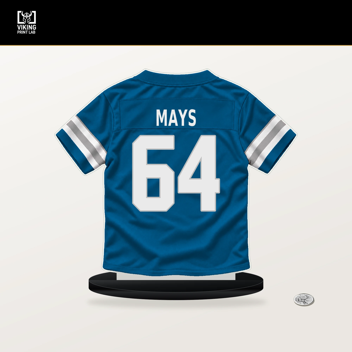 Cade Mays number 64 Detroit Lions jersey stand with included black base.