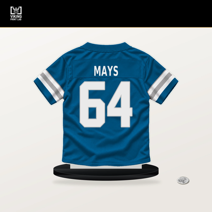 Cade Mays number 64 Detroit Lions jersey stand with included black base.