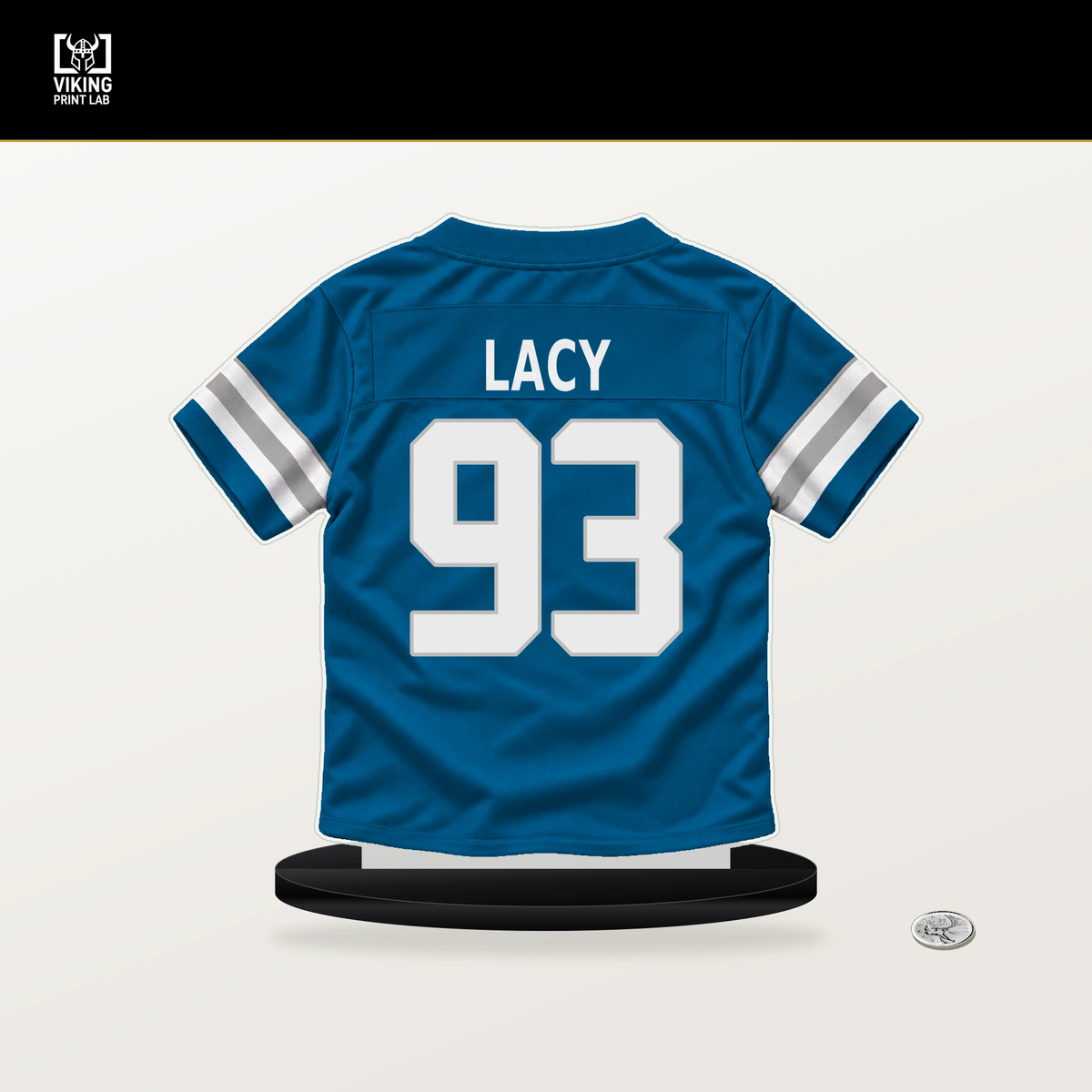Tyler Lacy number 93 Detroit Lions jersey stand with included black base.