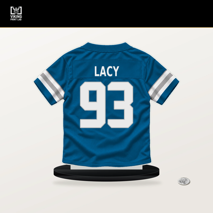 Tyler Lacy number 93 Detroit Lions jersey stand with included black base.