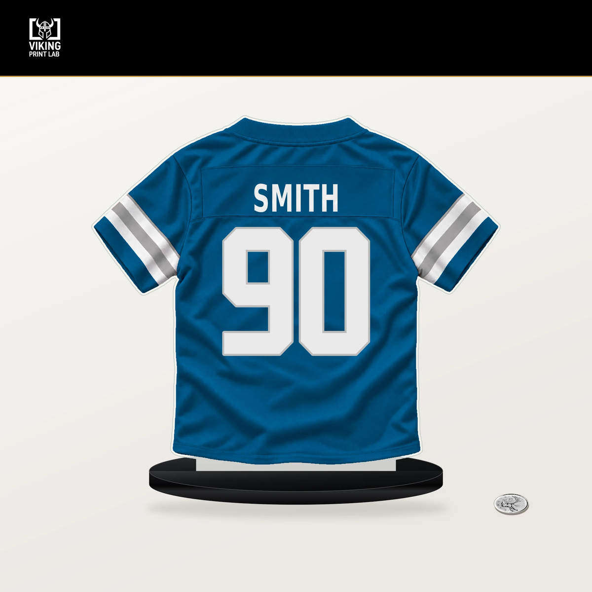 Chris Smith number 90 Detroit Lions jersey stand with included black base.