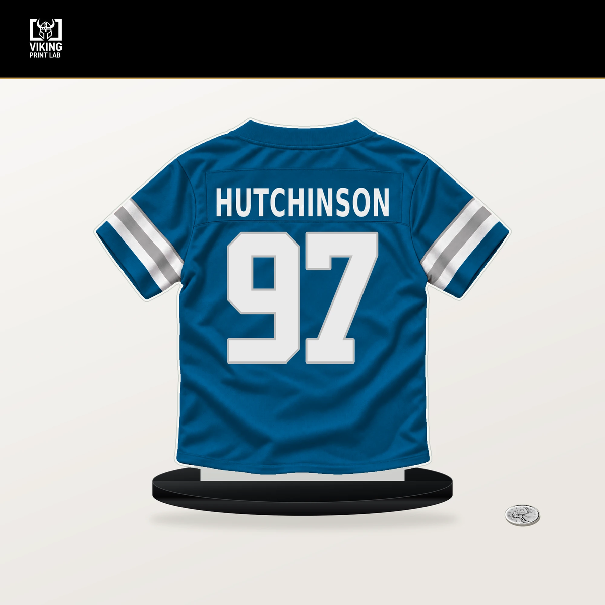 Aidan Hutchinson number 97 Detroit Lions jersey stand with included black base.