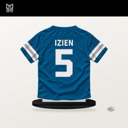 Christian Izien number 5 Detroit Lions jersey stand with included black base.