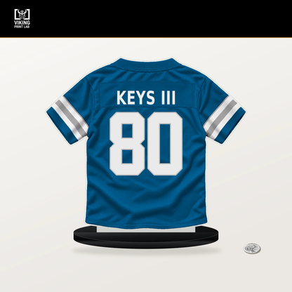 Lawrence Keys III number 80 Detroit Lions jersey stand with included black base.